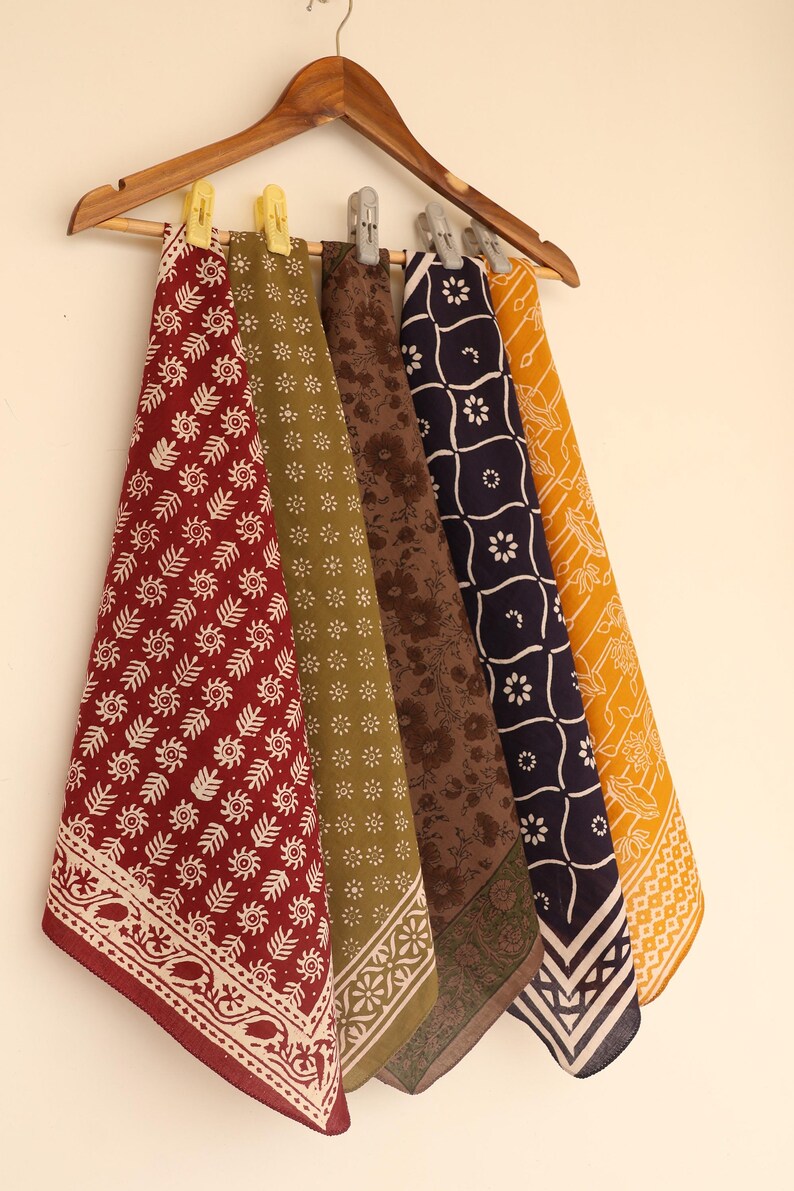 Set of 5 Handmade Bandanas - Indian Cotton Hand Block Print, Boho Festival Neckerchiefs, Yoga Headband and Bandana Gift Set for Women Men thumbnail 2