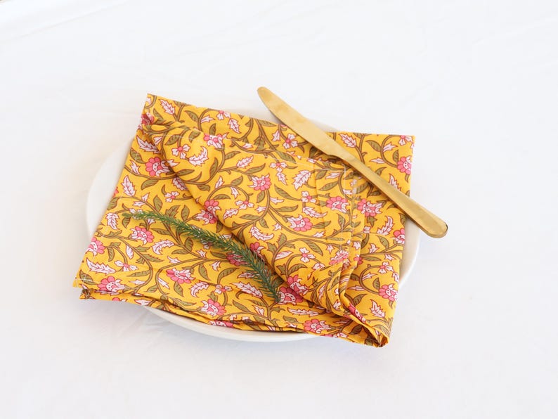 Floral Hand Block Printed Cotton Napkins - Mustard Yellow Dining Set thumbnail 3