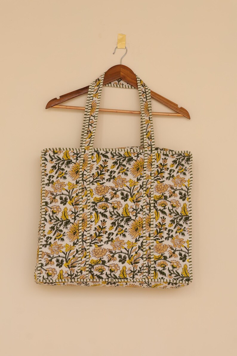 Mustard Bloom Cotton Tote Bag – Green & Yellow Floral Print HanSturdy bag, Grocery, Shopping Bag Daily Use Handbag / Quilted Market Bag thumbnail 4