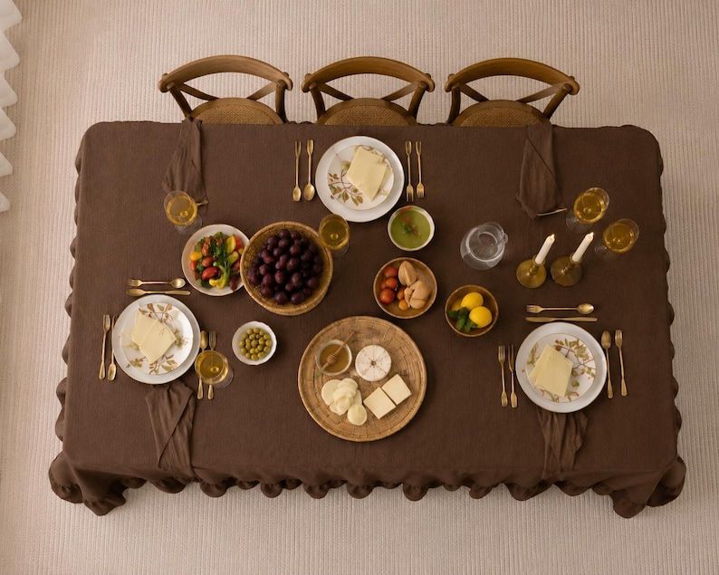 Brown Linen Tablecloth with Ruffle Skirt, Rustic Farmhouse Dining Table Cover, Washed Linen Wedding Table Linen Decor,Kitchen & Dining Decor thumbnail 3