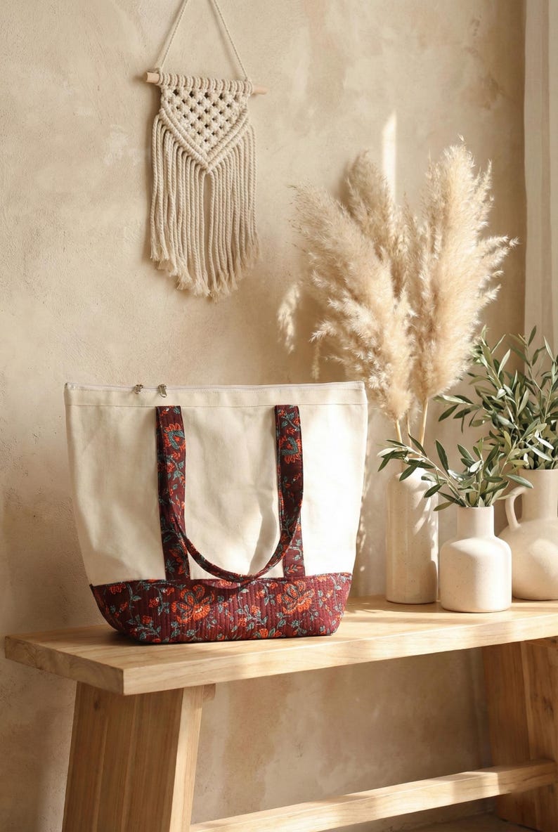 Boho Canvas Tote Bag with Floral Block Print Panel, Reusable Market Bag | Handmade Everyday Tote | Lightweight Eco Friendly Canvas Tote Bag alternate view