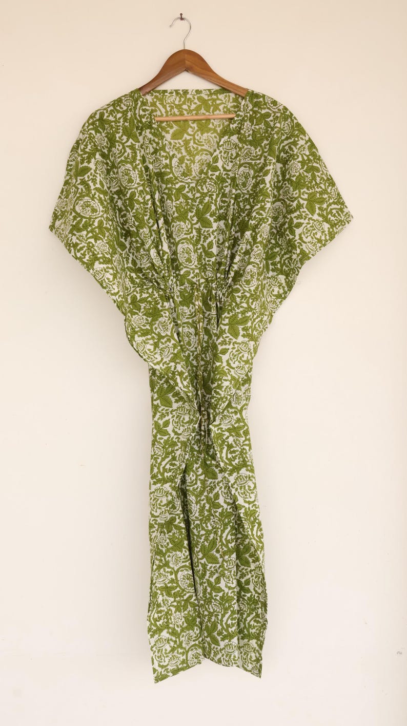 Olive Green Floral Cotton Kaftan – Boho Beach Cover Up Dress Beach Cover up Sleepwear Indian Kaftan Maxi Dress Bikini Cover Up Cafta thumbnail 5