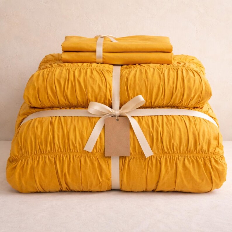 Mustard Yellow Duvet Cover Set – Soft Washed Cotton Ruffle Bedding,Duvet Cover Set with Pillow Cover Minimalist Bedroom Decor, Gift For Her thumbnail 4