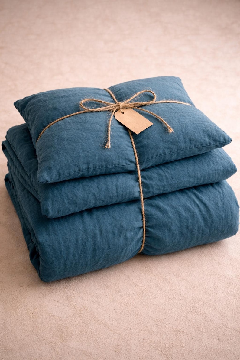 Teal Blue Washed Linen Duvet Cover Set – Soft Bedroom Bedding, Bedroom Decor, Breathable Comforter Cover| King Size Queen Bedding Size Cover thumbnail 4