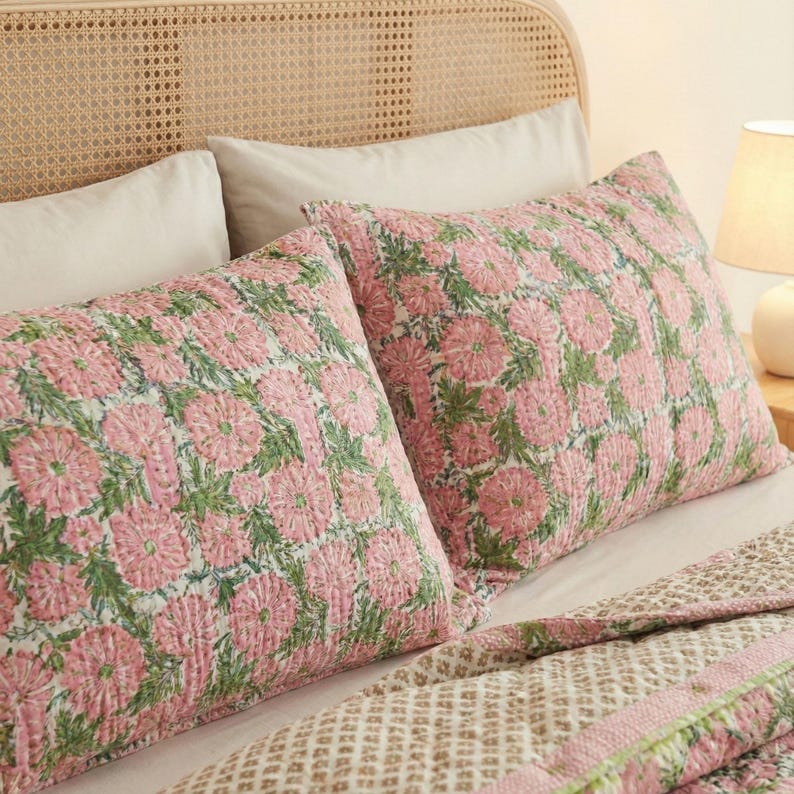 Pink Hand Block Print Quilt Cover, Comforter Cover Set Printed Fabric Quilt Cover Set, pink Quilt Cover Floral Linen Quilt Cover Set thumbnail 5