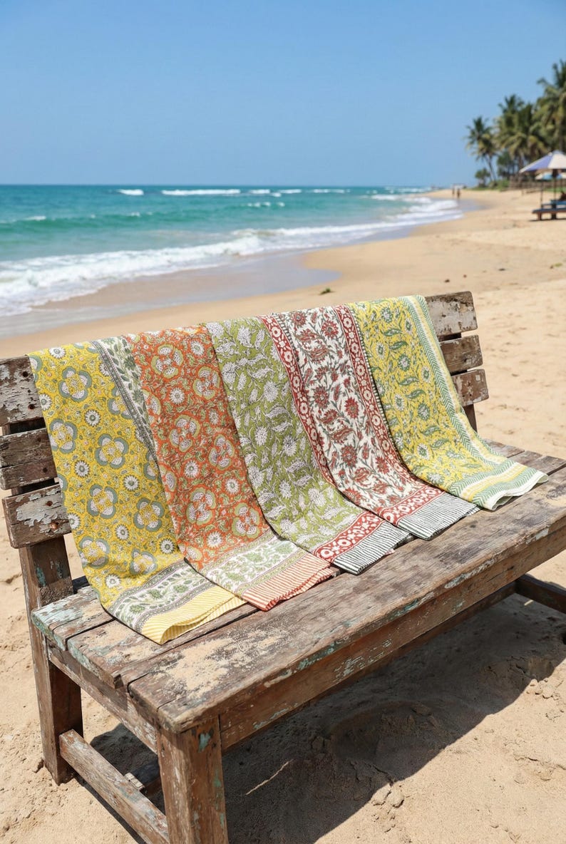 Set of 5 Cotton Block Print Sarongs | Handmade Beach Wrap Pareo | Lightweight Summer Scarf | Birthday Perfect Gift | Resort & Beach Wear thumbnail 3