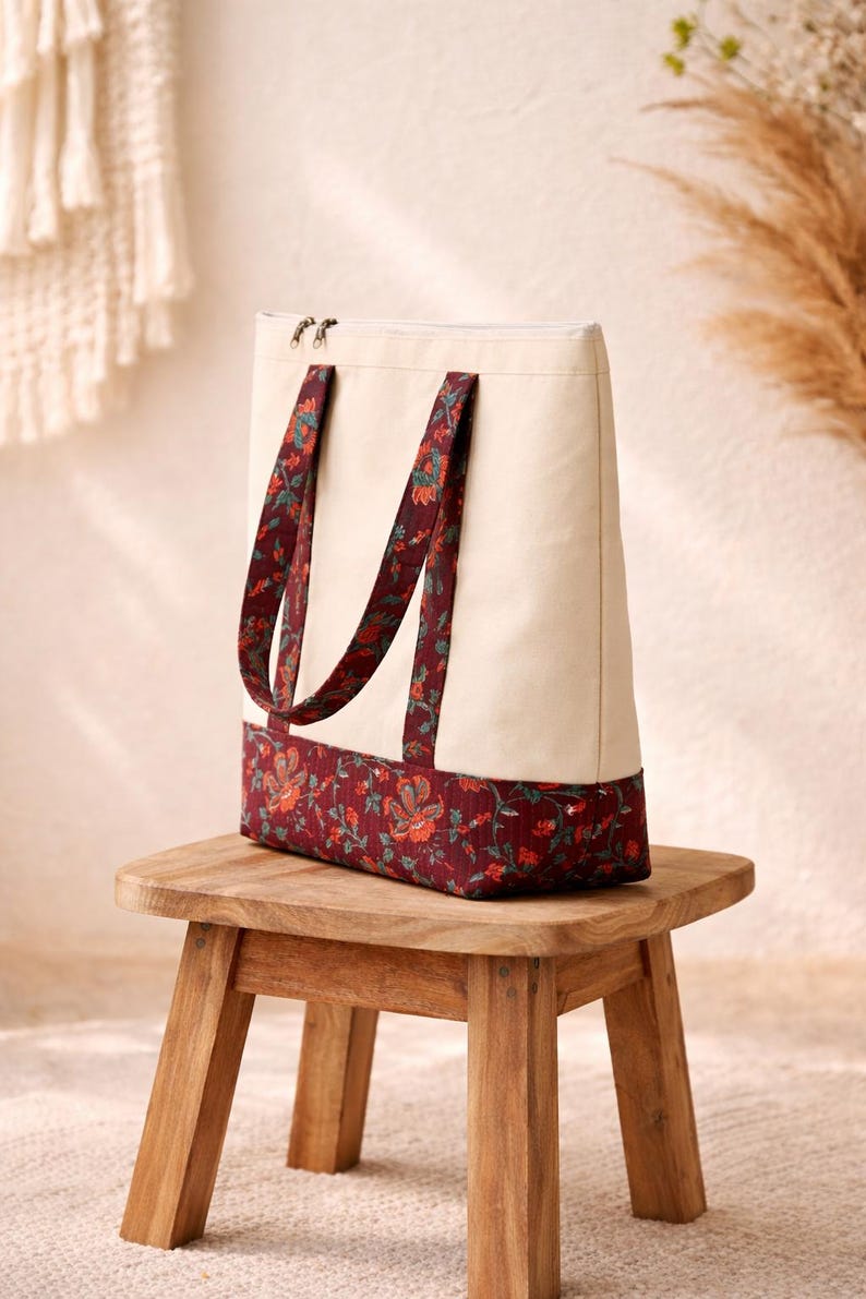 Handmade Canvas Tote Bag with Floral Print | Eco Friendly Cotton Shoulder Bag | Everyday Market & Travel Tote / Reusable Everyday Tote thumbnail 3