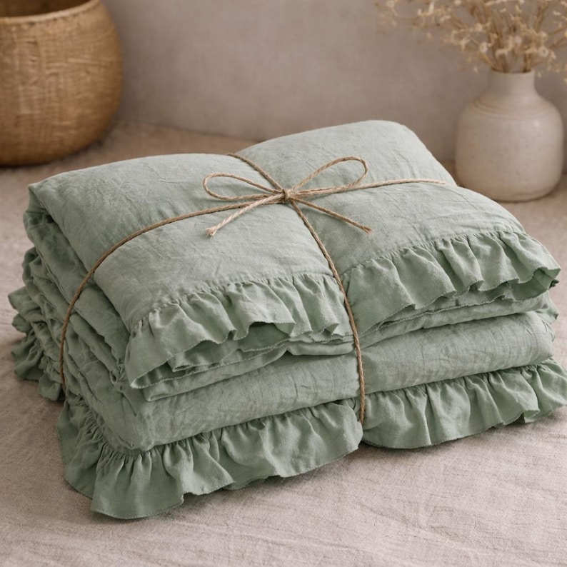 Sage Green Washed Linen Ruffle Duvet Cover Set – 100% Natural Linen, Soft Breathable Bedding, Farmhouse King and Queen Bedroom duvet cover thumbnail 4