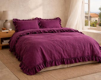 Plum Linen Ruffle Duvet Cover Set – Soft Washed Bedding with Elegant Edges, Cozy Rustic Bedroom Decor,King Queen Bedding Set Linen Bed Cover