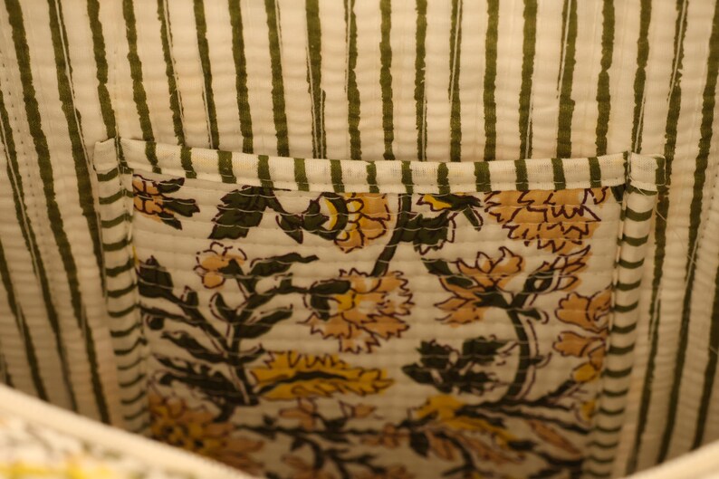 Mustard Bloom Cotton Tote Bag – Green & Yellow Floral Print HanSturdy bag, Grocery, Shopping Bag Daily Use Handbag / Quilted Market Bag thumbnail 5