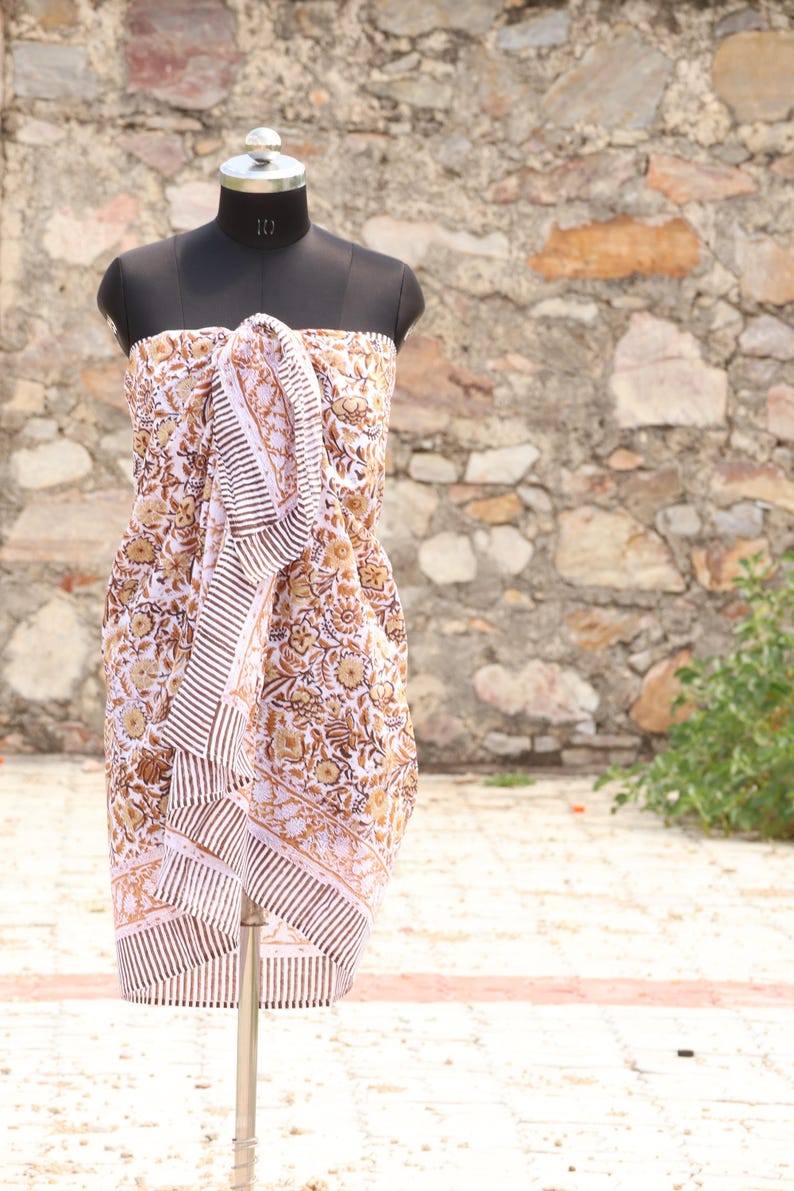 Floral Hand Block Printed Cotton Sarong: Boho Beach Cover-Up, Cotton Beach Cover Up, Summer Wrap, Festival, Eco-Friendly Boho Sarong thumbnail 3