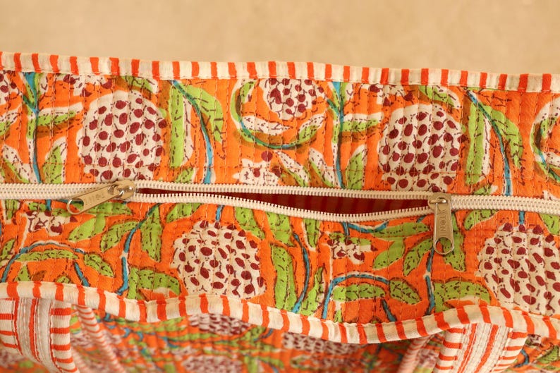 Handmade Quilted Cotton Tote Bag: Shopping Bag, Travel Beach Shopper, Vibrant Orange Tote Bag | Travel and Shoulder Tote Bags, Women Gifts thumbnail 4