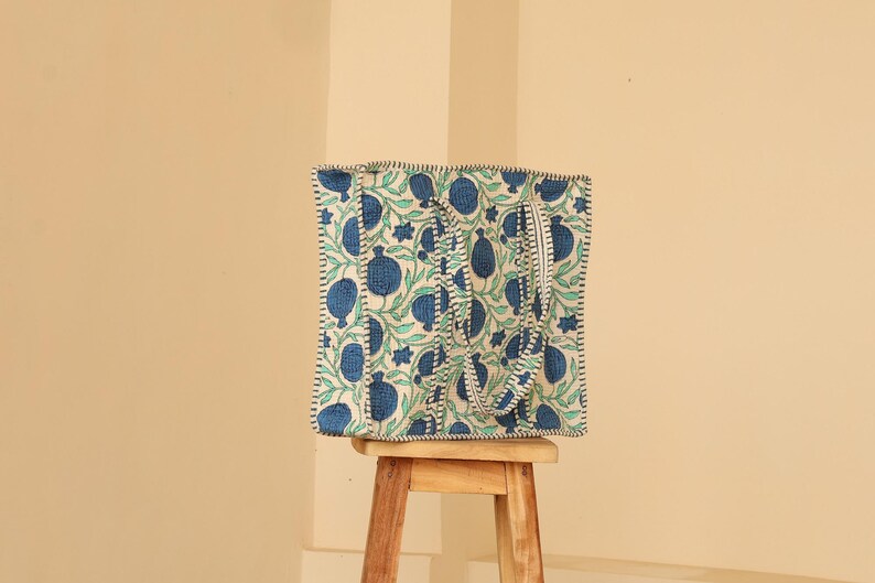 Blue Quilted Floral Bag – Handmade Cotton Tote for Women, Beach Bag, Grocery & Large Quilted Travel Bag | Boho Market Bag, Eco-Friendly Bag thumbnail 4