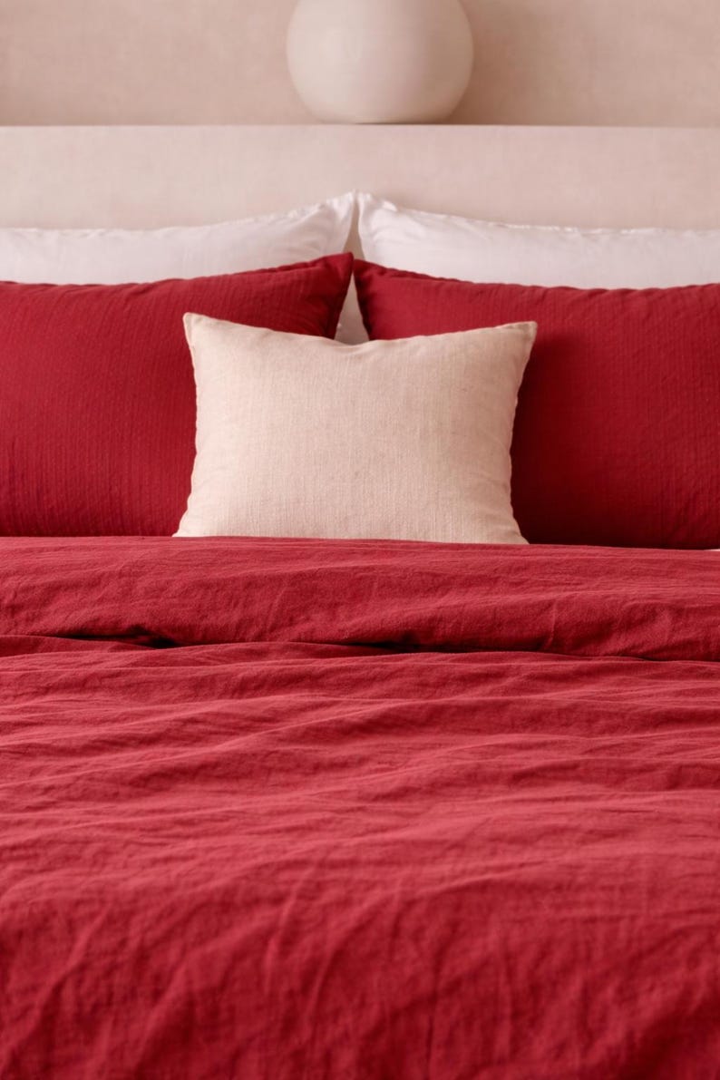 Burgundy Linen Duvet Cover Set – Soft Washed Minimal Bedding, Modern Minimal Style, King Size Queen Bedding Size Cover,Washed Bedding thumbnail 4