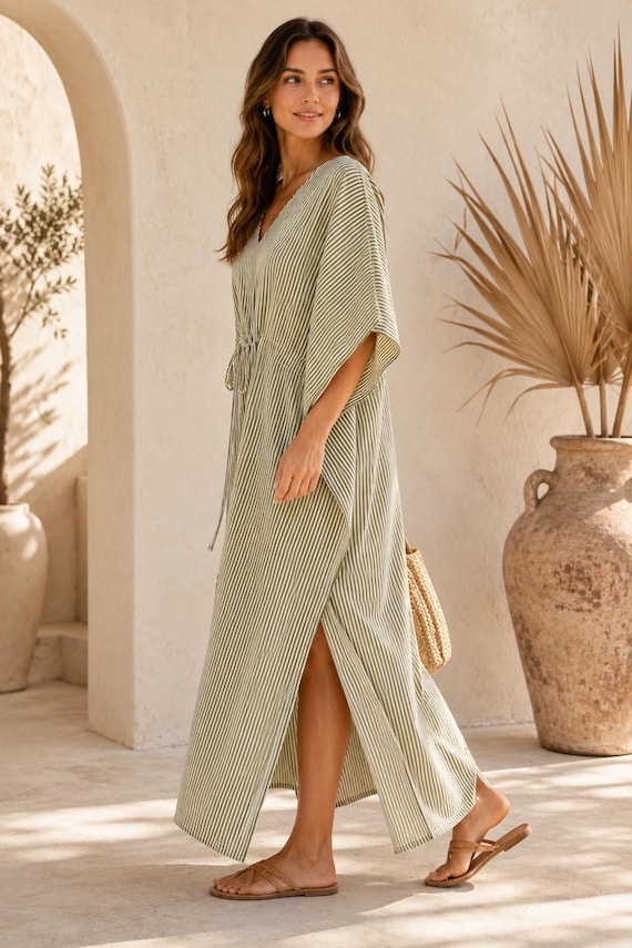 olive green kaftan dress Striped Cotton Dress,Loose Boho Maxi Caftan | Beach Cover Up | Summer Resort Wear gold embroidered bridal gown