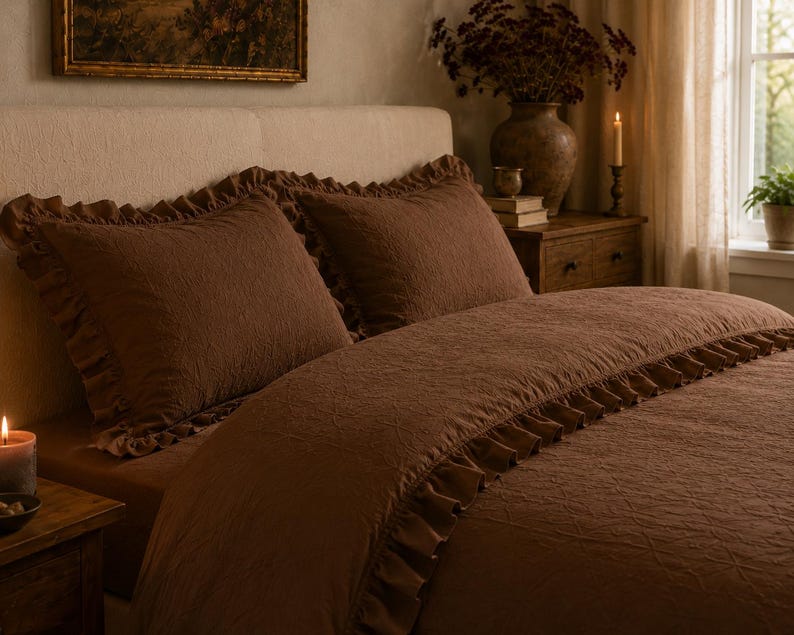 Dark Brown Ruffled Duvet Cover | Cottagecore Bedding Set | Romantic Bedroom Decor | Bedding with King size | Vintage Style Bedding ~ thumbnail 3