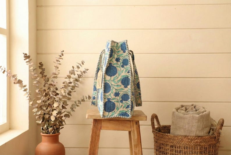 Handmade Block Printed Tote Bag,Blue Pomegranate Cotton Shopper,Eco Friendly Everyday Bag, Shopping Bag Daily Use Handbag,Quilted Market Bag thumbnail 2
