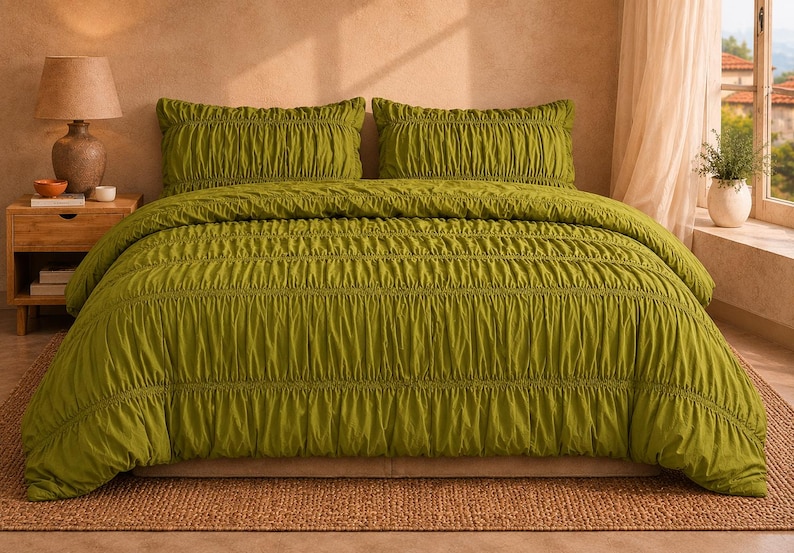 Olive Green Wrinkle Duvet Cover, Soft Cotton Ruched Bedding, Boho Minimal Bed Cover, Modern Textured Duvet Set | Elegant Wrinkle Finish Bed thumbnail 4