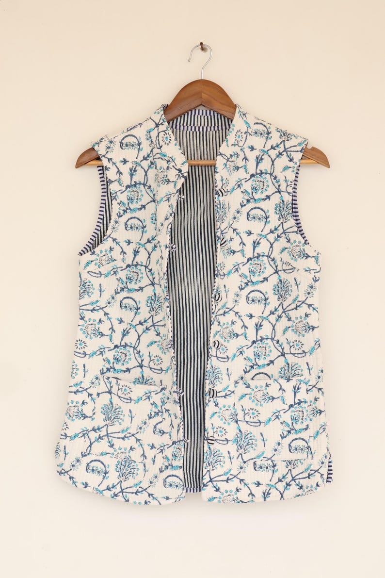 Blush Bloom Floral Cotton Jacket| Block Print Sleeveless Jacket | vintage-Inspired Floral Quilted Jacket – Handcrafted Cotton Wear,Cotton thumbnail 3