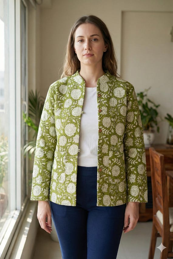 Green Cotton quilted women's fashion jacket | Handmade Lightweight Fall Jacket Coat vintage | Boho Cotton Jacket for Women patchwork |