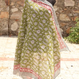 May include: A green and white floral patterned scarf with a red and black border. The scarf is draped over a mannequin, showcasing the intricate design and color scheme. The fabric appears lightweight and suitable for warmer weather.