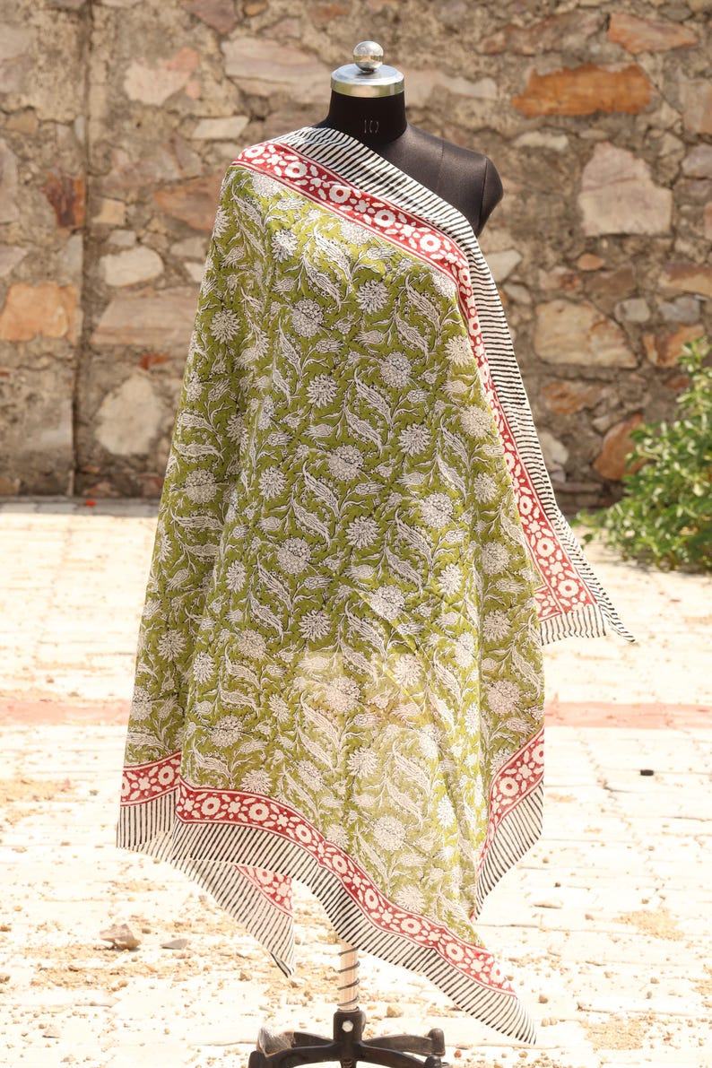 May include: A green and white floral patterned scarf with a red and black border. The scarf is draped over a mannequin, showcasing the intricate design and color scheme. The fabric appears lightweight and suitable for warmer weather.