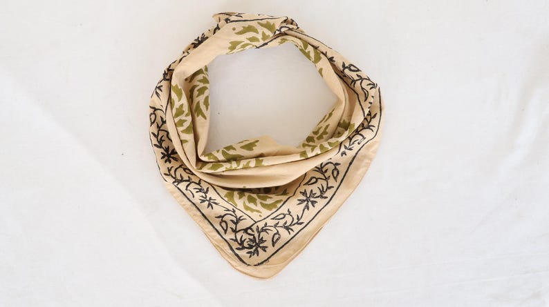 Hand printed Cotton Bandana, Floral Head Scarf, Beach Bandana, Summer Headband, Festival Bandana, Cotton Scarf, Bandana Headband, Hair Scarf thumbnail 2