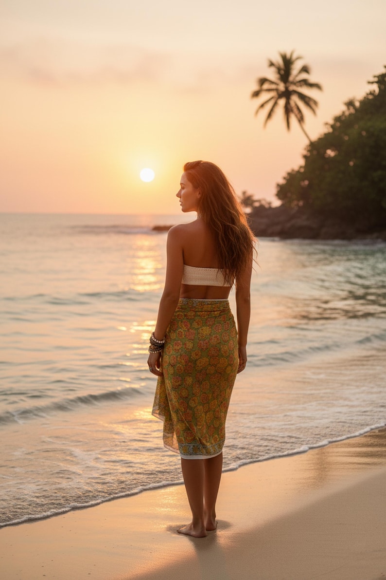 Floral Block Print Sarong: Boho Beach Cover Up, Cotton Wrap Skirt, Eco-Friendly Lightweight Cotton Beach Wrap | Hand Block Printed Boho Wear thumbnail 2