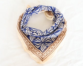 Hand Block Printed Cotton Bandana: Blue Geometric Scarf, Hair Wrap