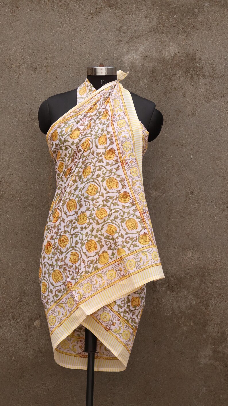 Hand Block Print Cotton Sarong: Lightweight Beach Cover Up, Hand Block Printed Natural Cotton Beach Wrap | Boho Resort Sarong Wear thumbnail 3