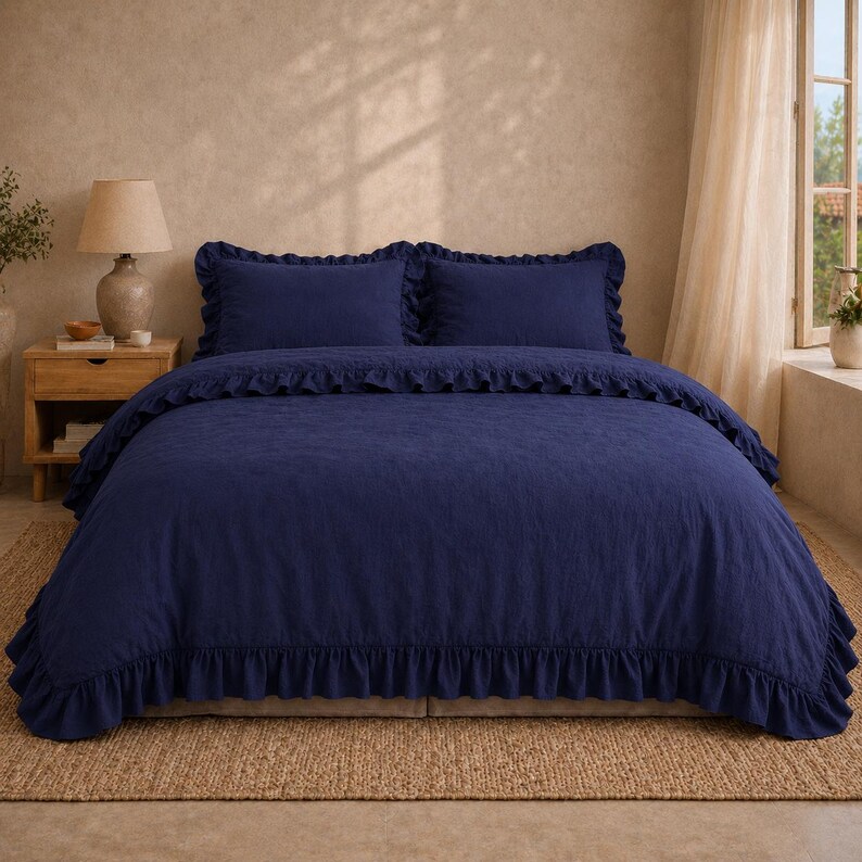 Navy Blue Linen Ruffle Duvet Cover Set – Soft Washed Bedding with Romantic Frill Edges, Farmhouse Bedroom Decor, Queen King Size Bedding Set thumbnail 4