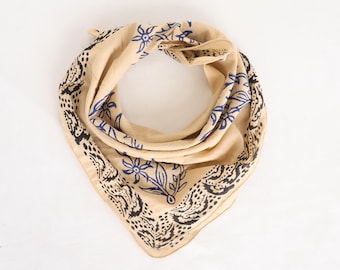 Hand Block Printed Cotton Bandana: Beige & Blue Floral Scarf