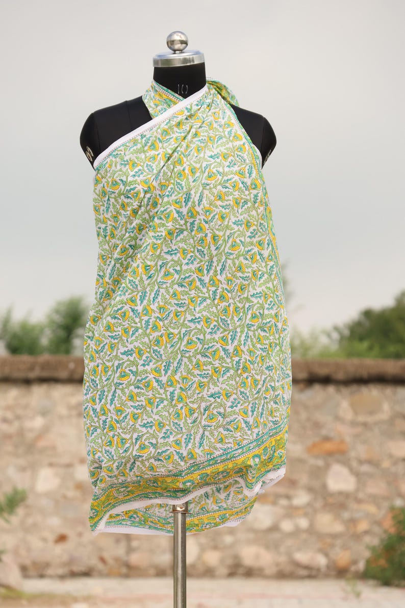 Hand Block Printed Cotton Sarong, Beach Wrap Pareo, Long Scarf, Large Sarong, Cover-up, Soft Fabric Scarf, Boho Fashion Shawl Beach Sarong thumbnail 5