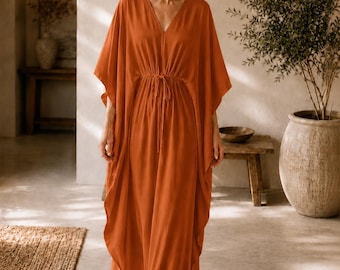 Caftan orange rouille, robe caftan longue pour femme, robe bohème coupe décontractée, couverture de vacances, tenue de villégiature, caftan salon confortable, pleine longueur