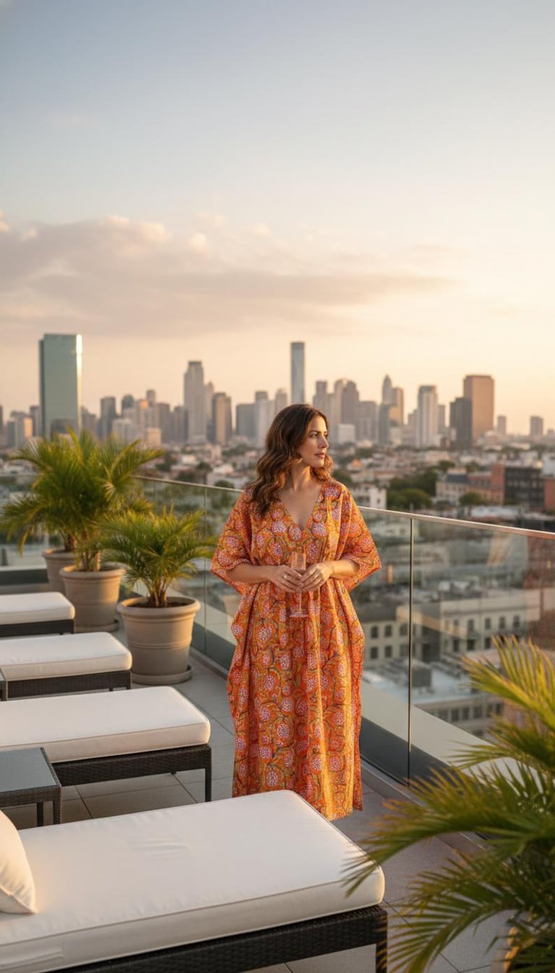 Bright Orange Printed Kaftan – Soft Cotton Beach & Holiday Wear,Summer Resort Wear, Beach Cover Up, Loune wear Dress, Bohemian Summer Kaftan thumbnail 3