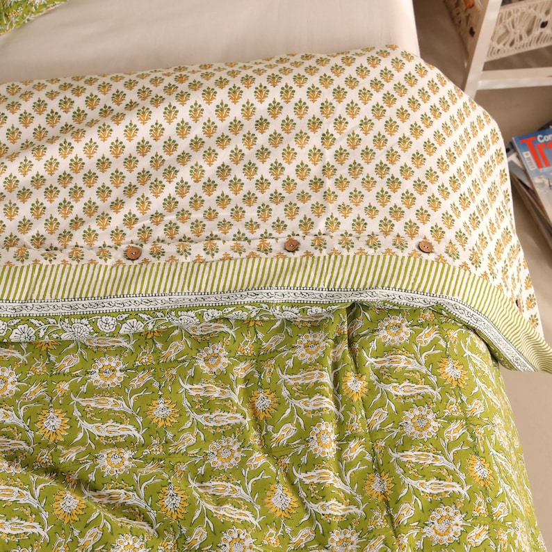 Hand Block Print Quilt Cover, Comforter Cover Set Printed Fabric Quilt Cover Set, Green Floral cotton Quilt Cover Set cotton Quilt Cover thumbnail 5