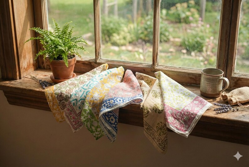 Hand printed Cotton bandana, Organic Cotton Bandana Set of 6 : Block Printed Neckerchiefs, Vintage Print Head & Neck Wrap, Summer Bandana thumbnail 4