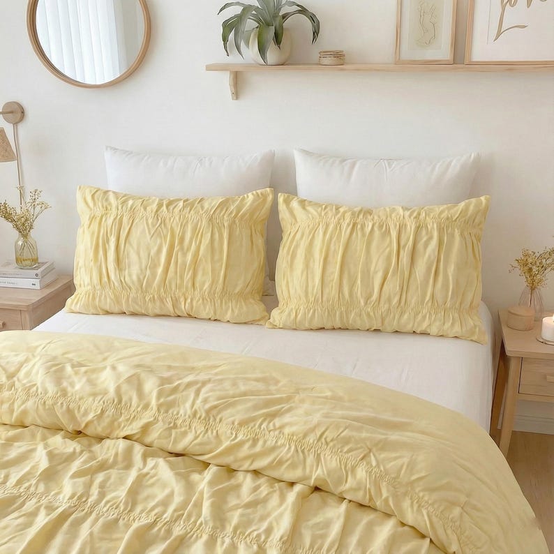 Yellow pesteal Color Pure Cotton Wrinkle Quilt Cover, Comforter Cover, 100% Cotton Boho Quilt Cover, Bohemian Dorm Bedding Set Cover Gift thumbnail 2