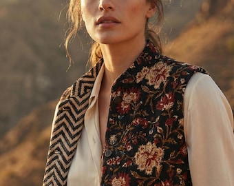 Chaqueta acolchada con estampado floral a mano / Chaleco sin mangas de algodón étnico para mujer / Chaleco rústico para mujer, perfecto para viajes y trabajo /