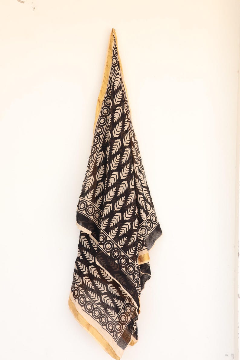 Boho Hand Block Printed Sarong with Gold Zari Border | Indian Cotton Beach Wrap Pareo| Handcrafted Cotton Beach Wrap, Wrap Skirt, Scarf thumbnail 4