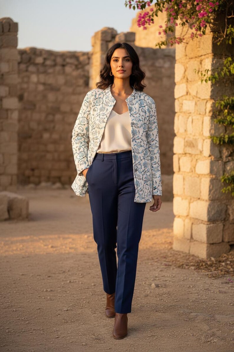 Blue Floral Block Print Quilted Jacket | Handmade Cotton Outerwear, Cotton Jacke , Winter Wear Jacket Coat, Button Closer Jacket For Women thumbnail 3