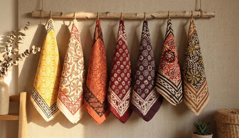 20 Set of 7 Hand Block Print Cotton Bandanas | Vintage Floral & Geometric Patterns | Artisan Scarves | Hair Wrap, Face Cover, Boho Gift Set alternate view