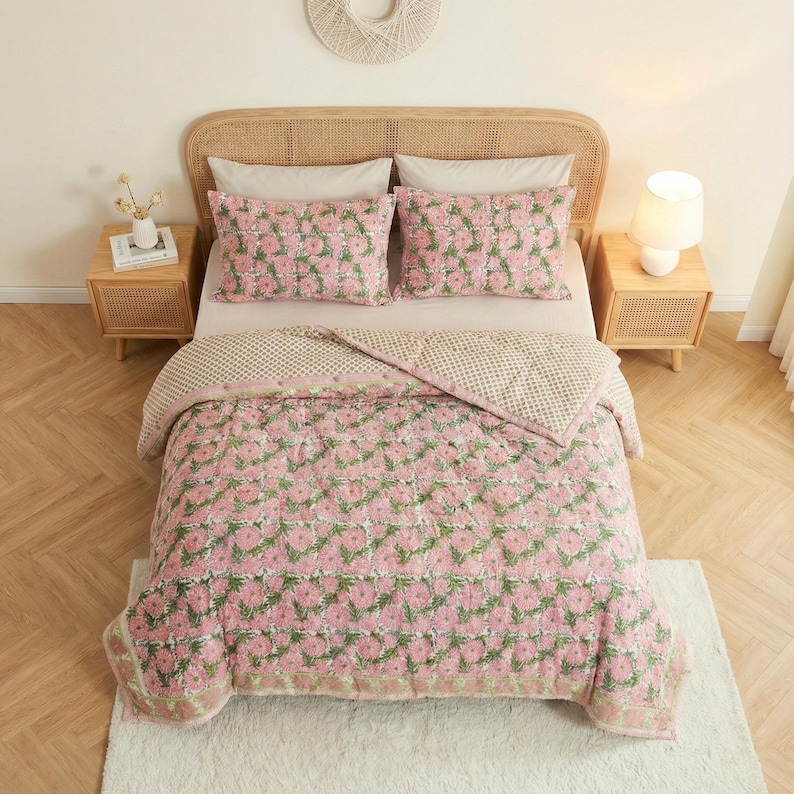 Pink Hand Block Print Quilt Cover, Comforter Cover Set Printed Fabric Quilt Cover Set, pink Quilt Cover Floral Linen Quilt Cover Set thumbnail 4