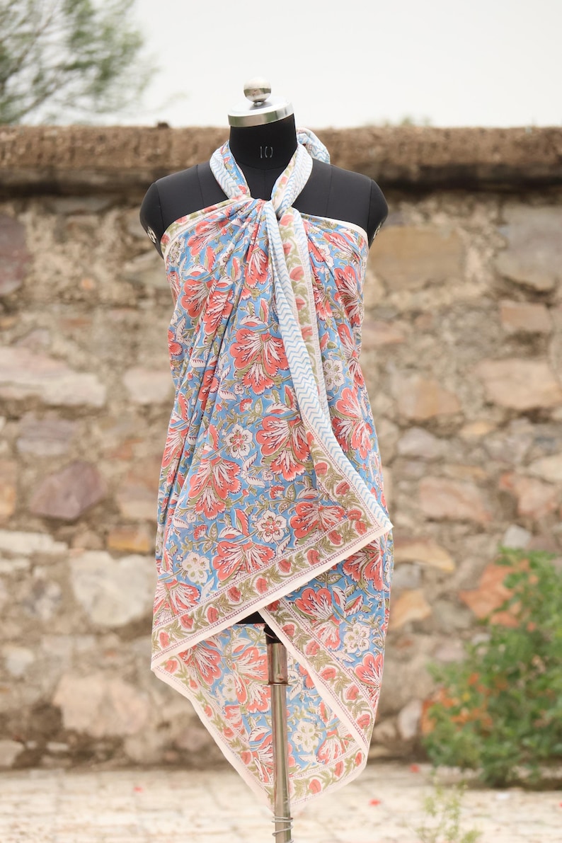 Hand Block Print Cotton Sarong: Boho Beach Cover Up, Lightweight Hand Block Print Beach Wrap | Eco-Friendly Resort style , Summer Fashion thumbnail 4