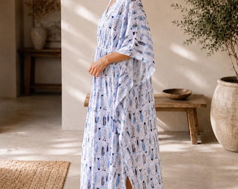 Roestoranje kaftan, dames maxi-kaftanjurk, relaxte boho-jurk, vakantiekleed, resortkleding, comfortabele loungekaftan, volledige lengte