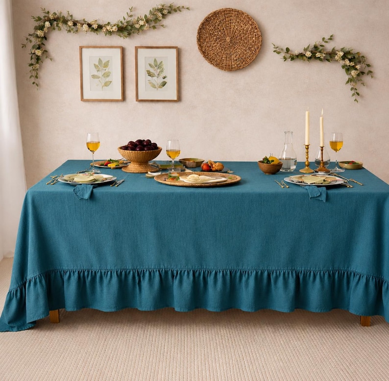 Teal Blue Elegant Linen Ruffle Tablecloth | Farmhouse Dining Table Cover,Rustic Wedding & Holiday Table Linen Decor,Rustic Linen Table Cover thumbnail 4