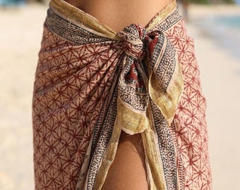 Boho Hand Block Printed Sarong | Floral Cotton Pareo | Beach Wrap Skirt | Summer Vacation Wear Sarong | Sustainable Boho Resort Outfit |