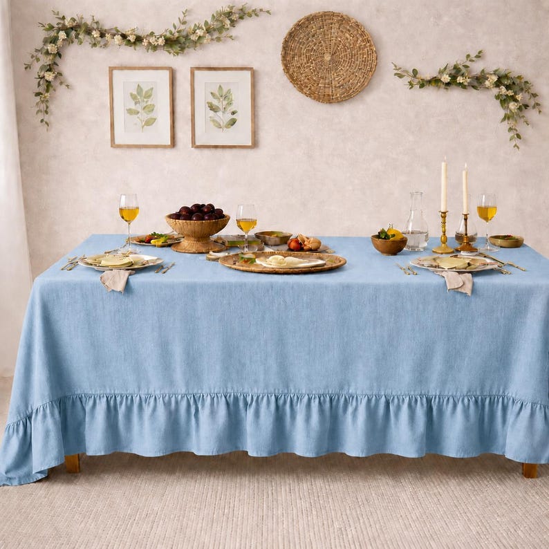 Brown Linen Tablecloth with Ruffle Skirt, Rustic Farmhouse Dining Table Cover, Washed Linen Wedding Table Linen Decor,Kitchen & Dining Decor thumbnail 5
