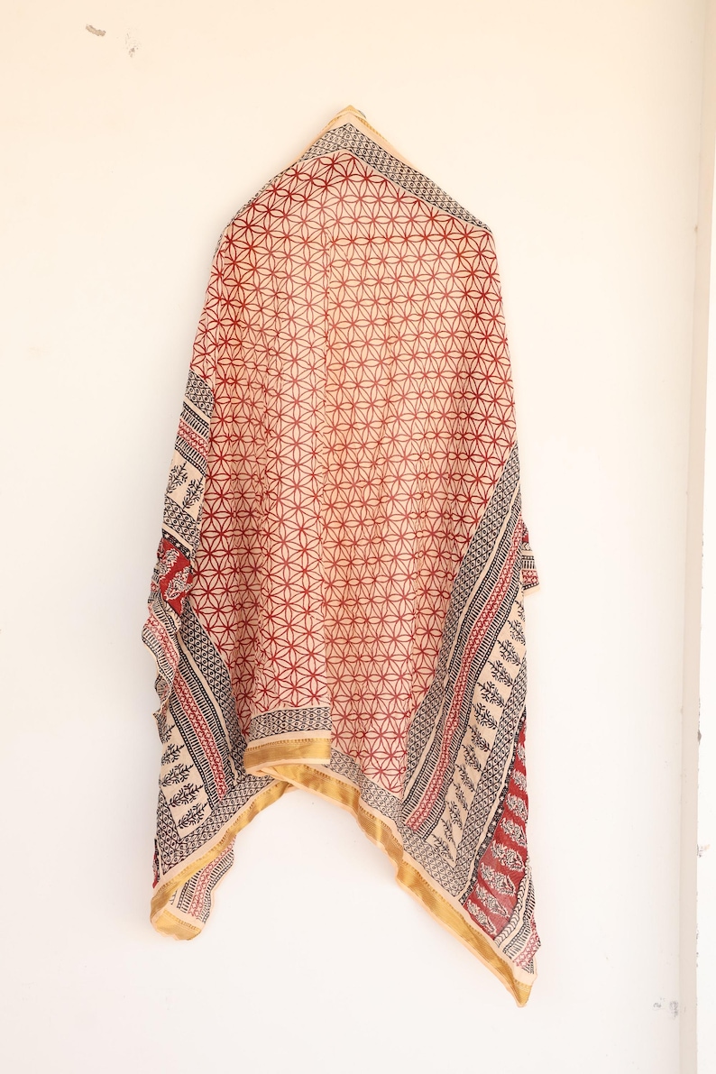 Hand Block Print Cotton Sarong – Red Floral Beach Wrap with Golden Border | Artisan Beachwear Pareo | Cotton Beach Wrap, Wrap Skirt thumbnail 4