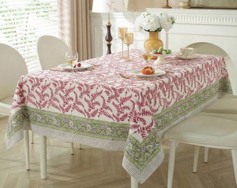 Rosa Floral Block Print Tischdecke, Baumwolle Tischdecke, Rechteck Tischdecke, Weihnachtstischdecke, Gartenparty und Hochzeit Tischdecke